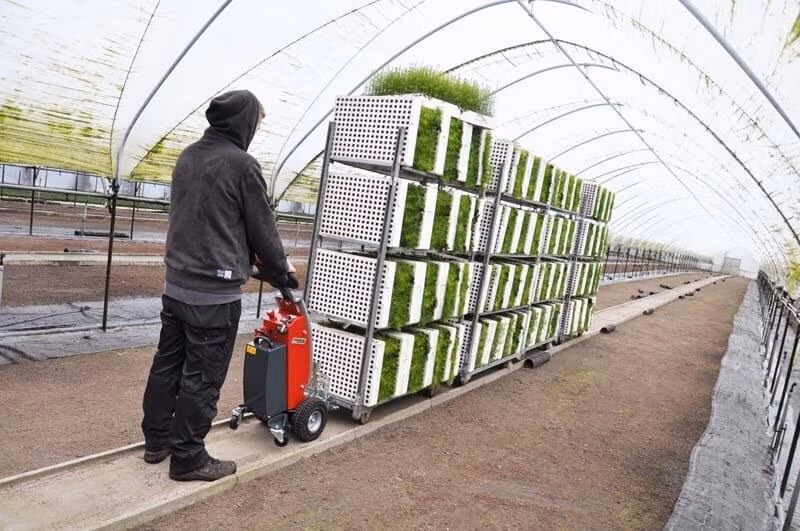 Carro eléctrico V-Move S | Tracción para remolque de carga de 1,299 kg Xerowaste.ca | Carrito eléctrico V-Move S moviendo carga de plantas | Transportador de carritos | Tirador de carritos | Tirador industrial
