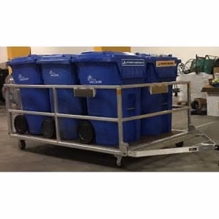 XWS trailer 400 24 Bin Butler waste tote trailer or bin tote trailer for use with V-move walk-along dumpster mover tug, dumspter tug, dumpster mover, waste bin tug, dumpster puller. We are the only ones in North American with a bin tote trailer! Designed and built by Xerowaste.